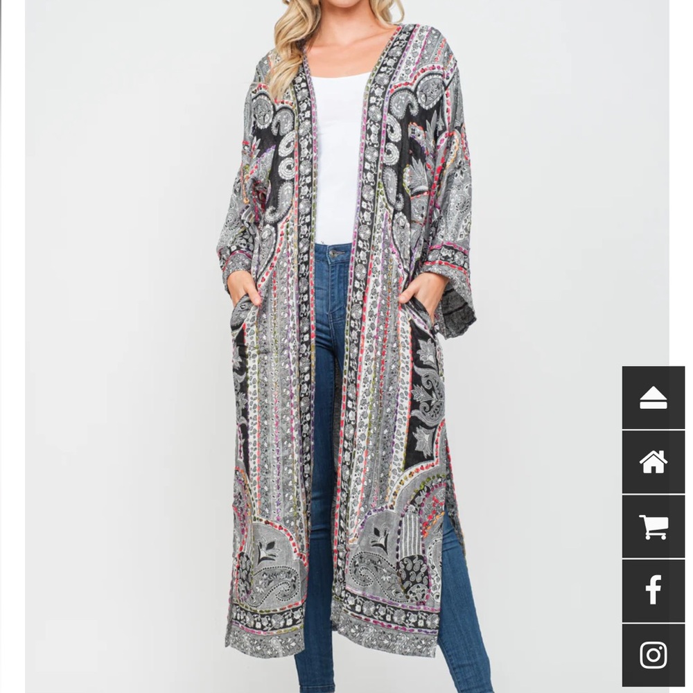 Raj Long Open-Front Paisley Kimono Cardigan - Black, Gray, Pink